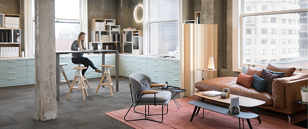 SF office with modern seating, desk, and storage space