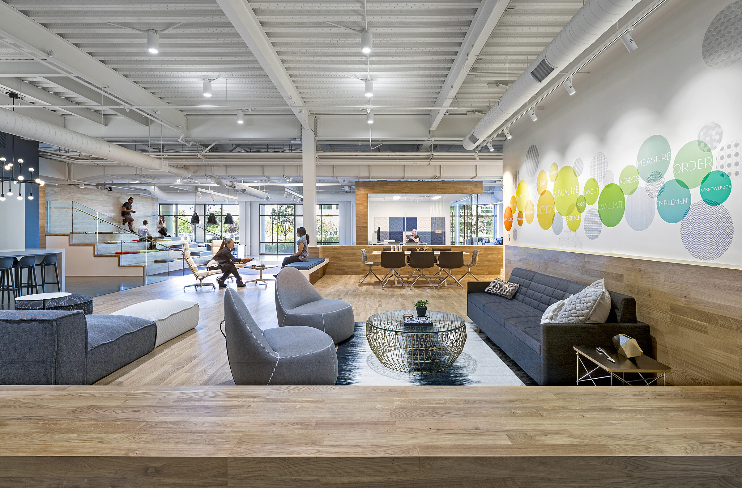 Modern lounge space with various seating options