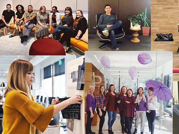 collage of various people enjoying modern workspaces and lounging areas